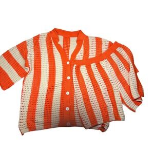 Orange Cream‎ Striped Crochet Knit Cardigan & Shorts Set Beach Resort L Festival